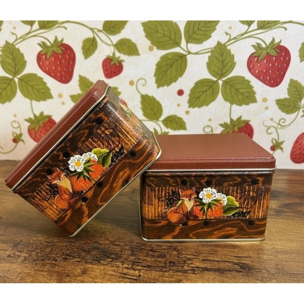 Vintage J.L. Clark Strawberry Blossom on Wood Metal Canisters Set of 2 Retro USA